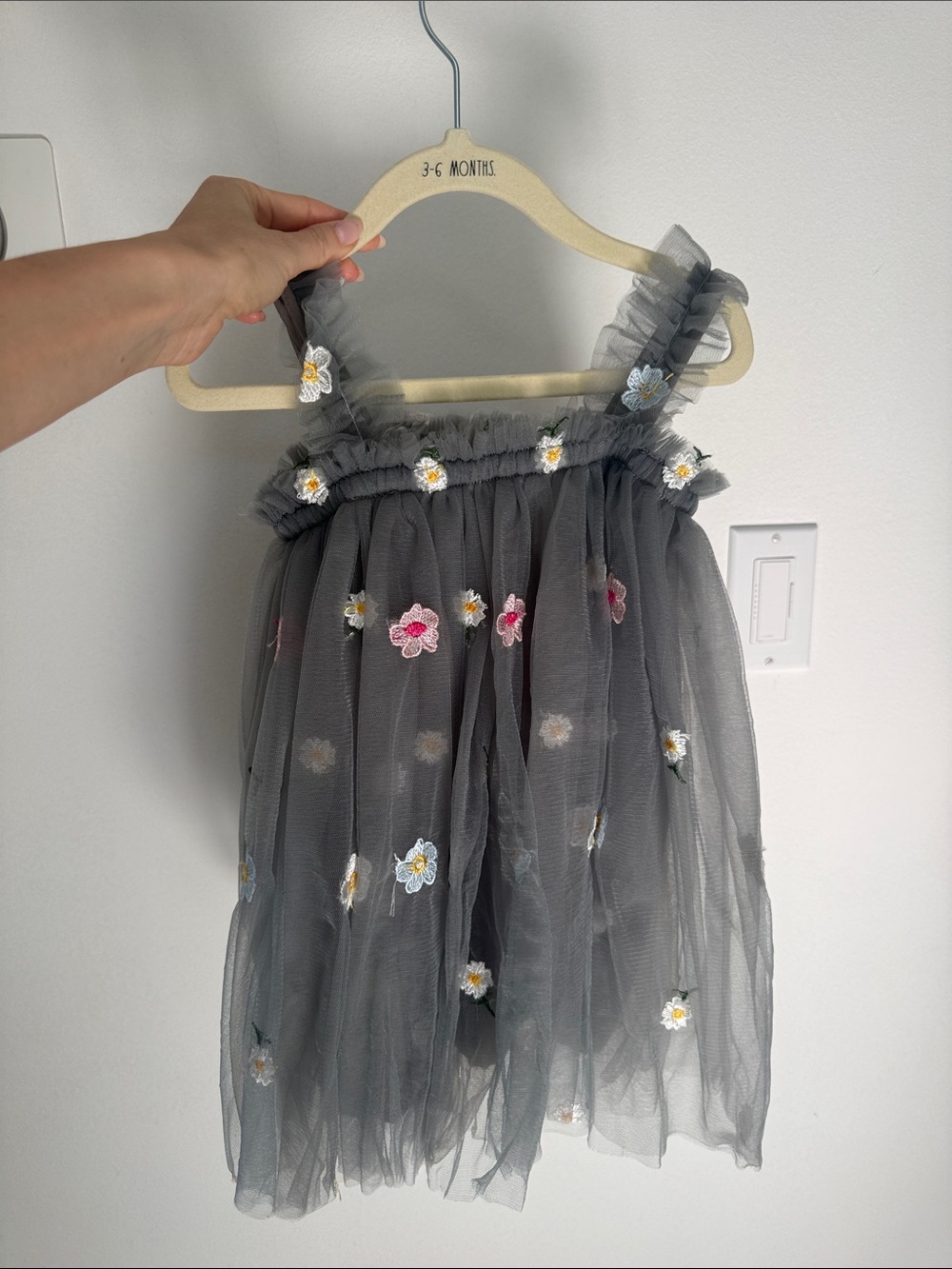 Gray Tulle Dress with Embroidered Flowers